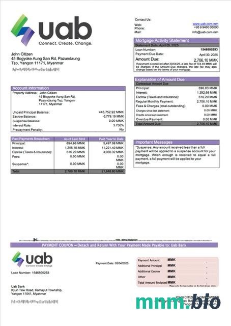 Myanmar uab Bank wyciąg z kredytu hipotecznego szablon Word i PDF